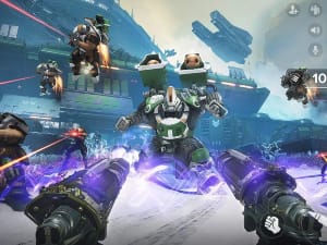 Taking down a massive robotic opponent in Destiny: Rising